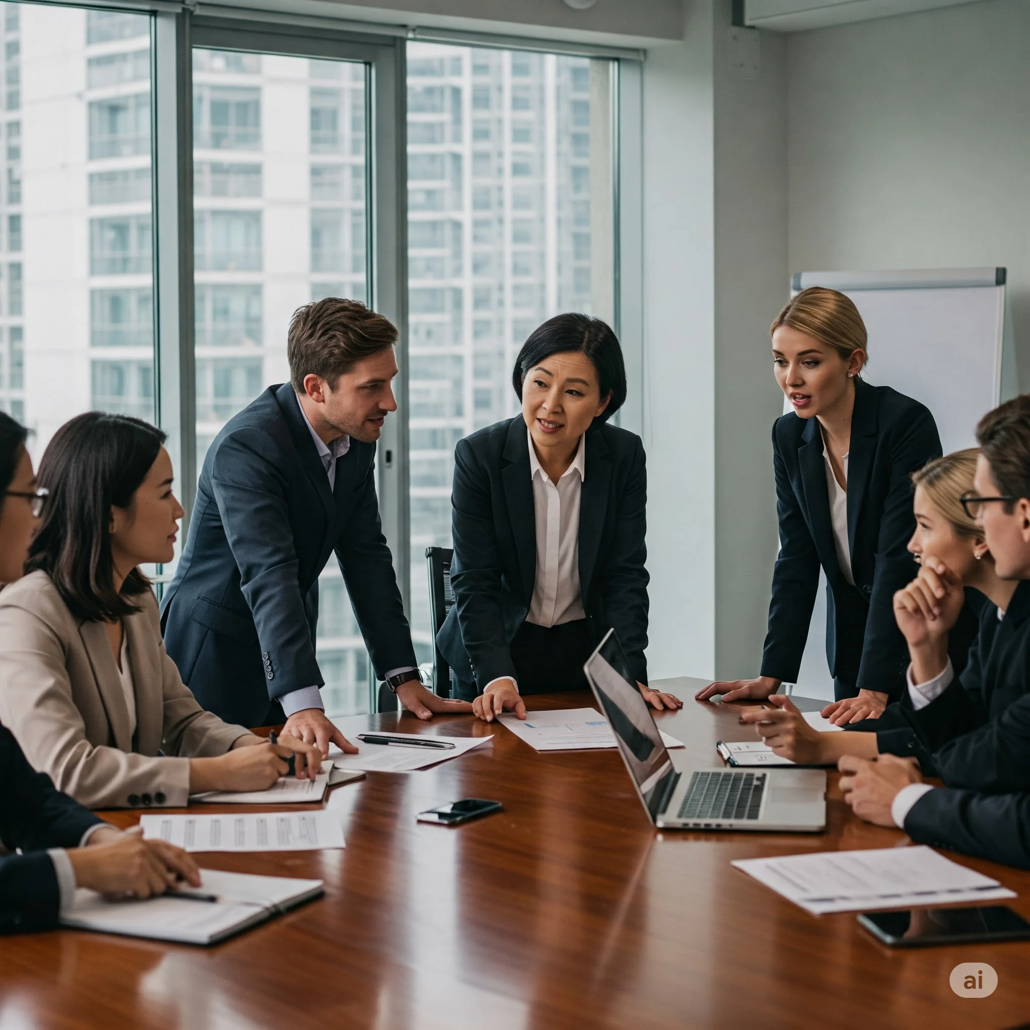 A group of employees collaborating and sharing ideas during a brainstorming session at an office desk.